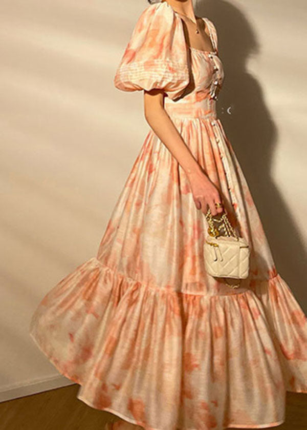 Elegant Pink Square Collar Patchwork Print Silk Dress Puff Sleeve