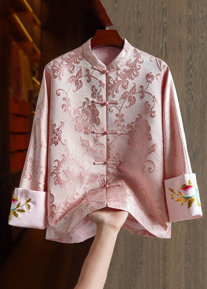Elegant Pink Stand Collar Embroideried Silk Coat Long Sleeve