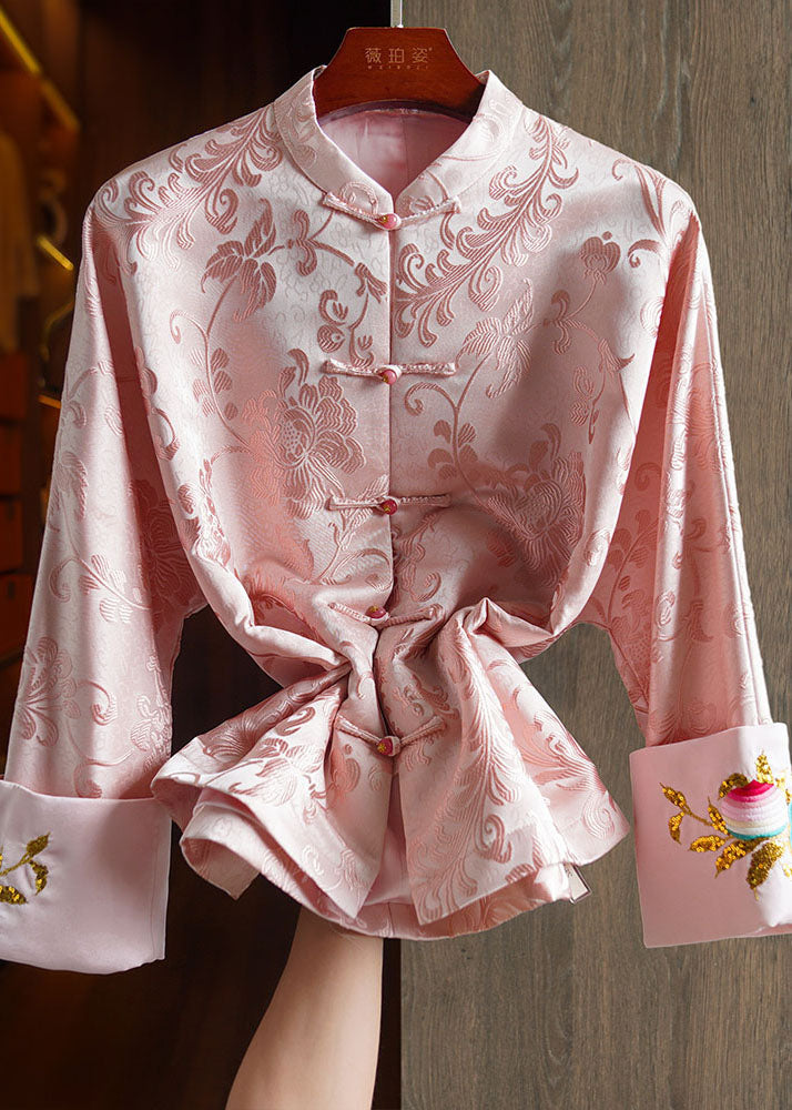 Elegant Pink Stand Collar Embroideried Silk Coat Long Sleeve