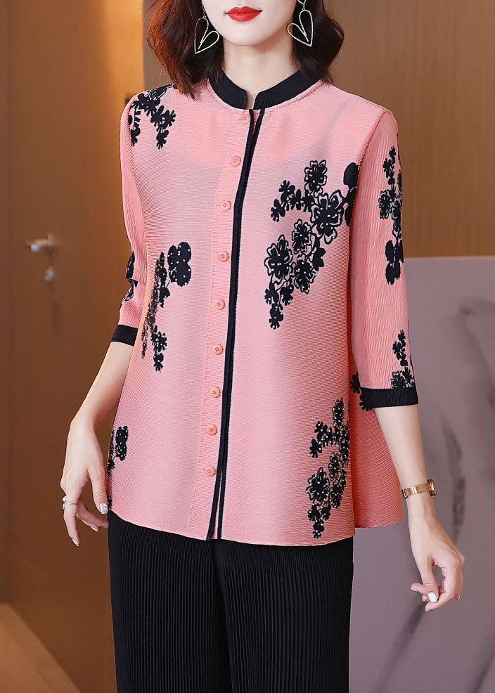 Elegant Pink Stand Collar Print Patchwork Button Shirts Bracelet Sleeve