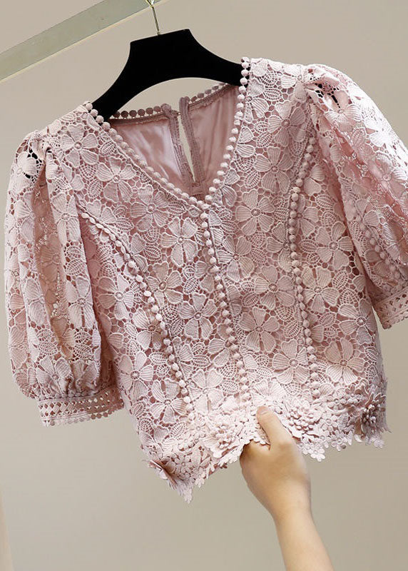 Elegant Pink V Neck Floral Decorated Patchwork Lace Blouses Summer