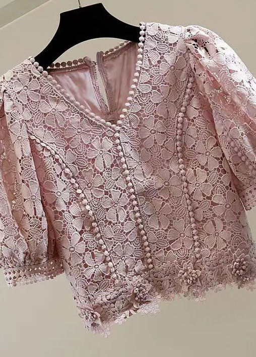 Elegant Pink V Neck Floral Decorated Patchwork Lace Blouses Summer
