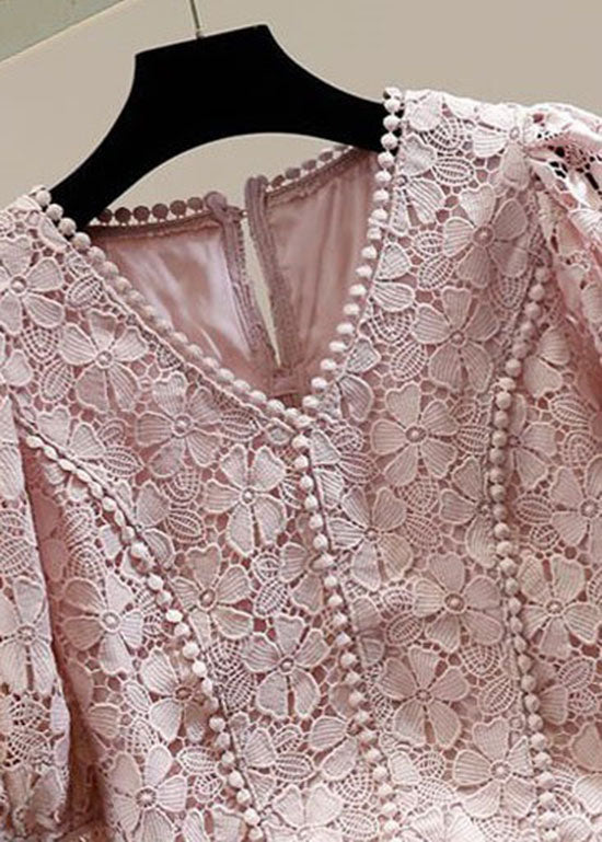 Elegant Pink V Neck Floral Decorated Patchwork Lace Blouses Summer