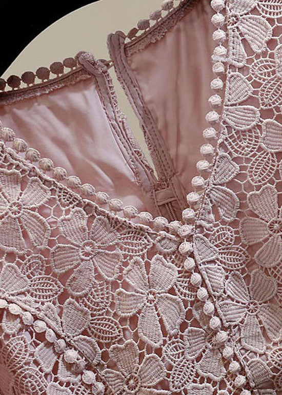 Elegant Pink V Neck Floral Decorated Patchwork Lace Blouses Summer