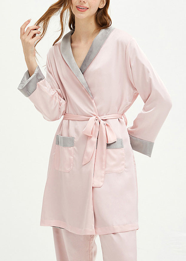 Elegant Pink V Neck Tie Waist Velour Pajamas Two Pieces Set Spring