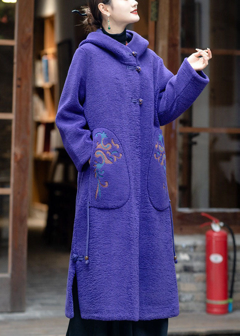 Elegant Purple Hooded Embroideried Tassel Teddy Faux Fur Coats Winter