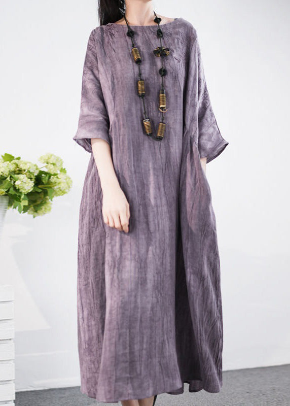 Elegant Purple O Neck Pockets Cotton Long Dress Half Sleeve