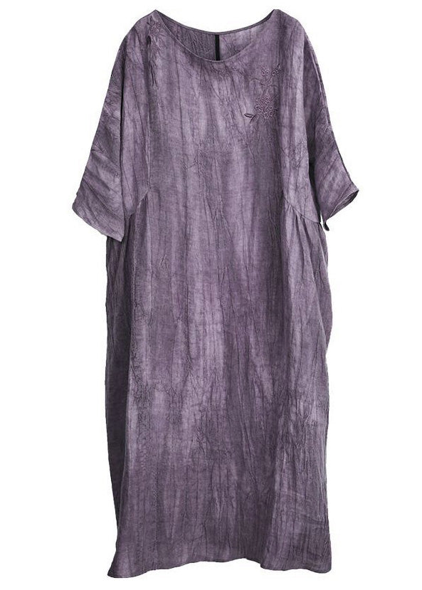 Elegant Purple O Neck Pockets Cotton Long Dress Half Sleeve