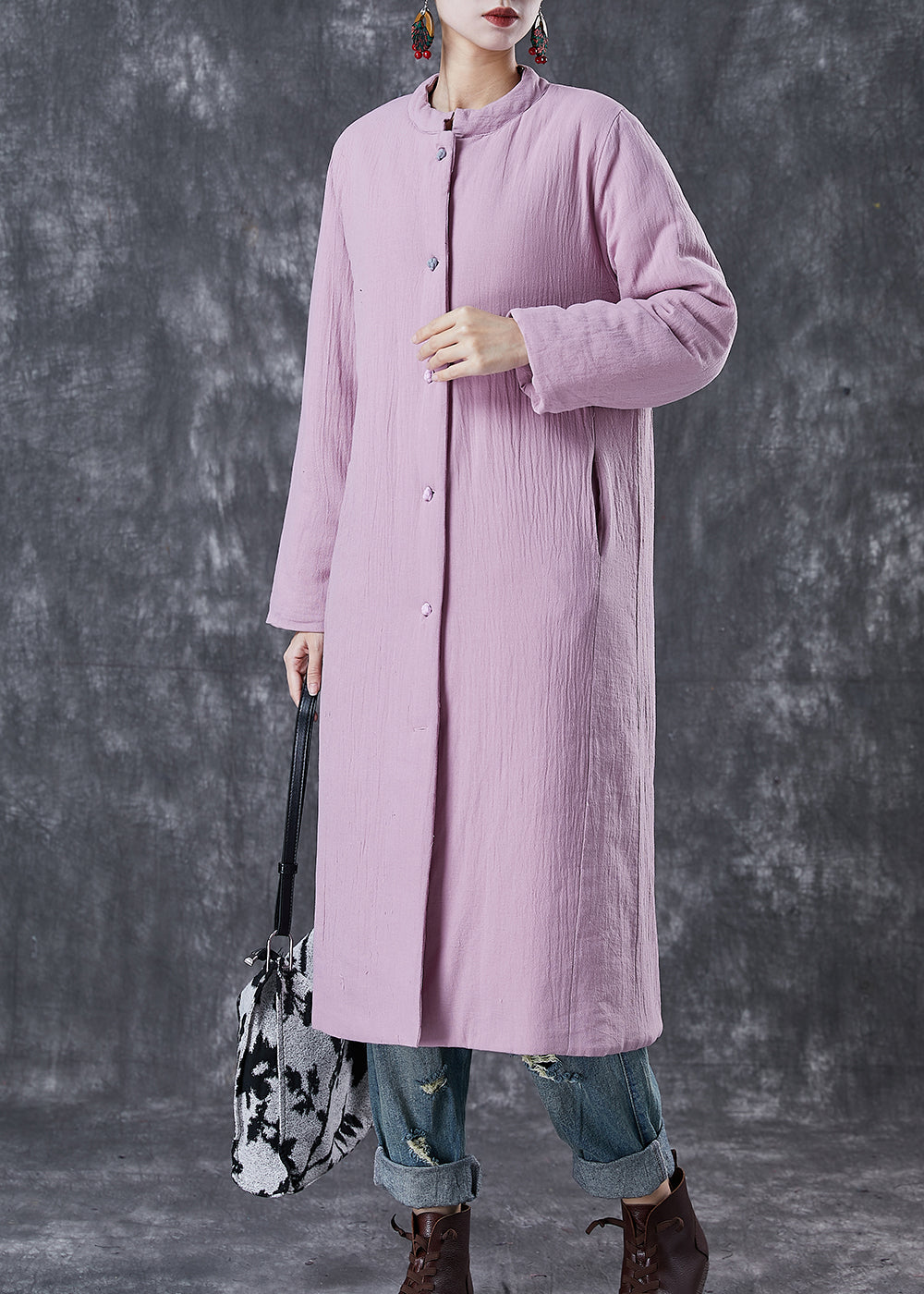 Elegant Purple Pockets Thick Fine Cotton Filled Long Coats Winter