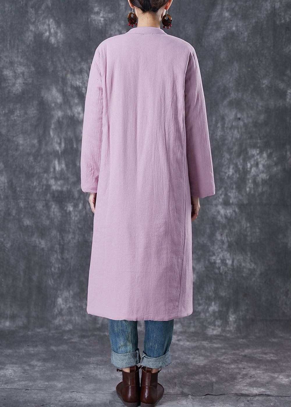 Elegant Purple Pockets Thick Fine Cotton Filled Long Coats Winter