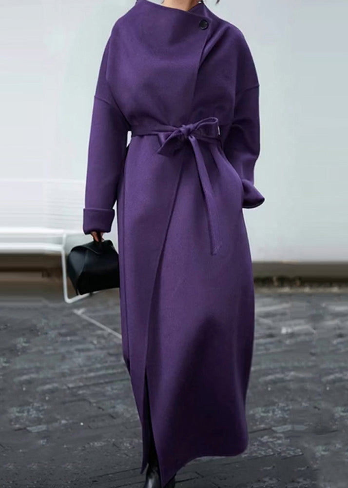 Elegant Purple Pockets Tie Waist Patchwork Woolen Coat Winter