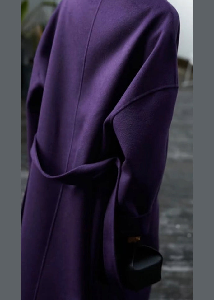 Elegant Purple Pockets Tie Waist Patchwork Woolen Coat Winter