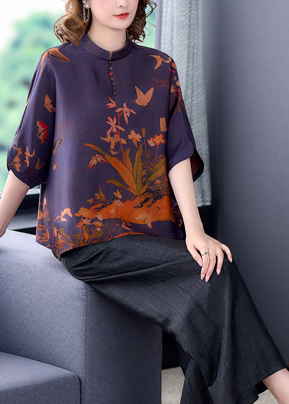 Elegant Purple Stand Collar Print Silk Shirts
