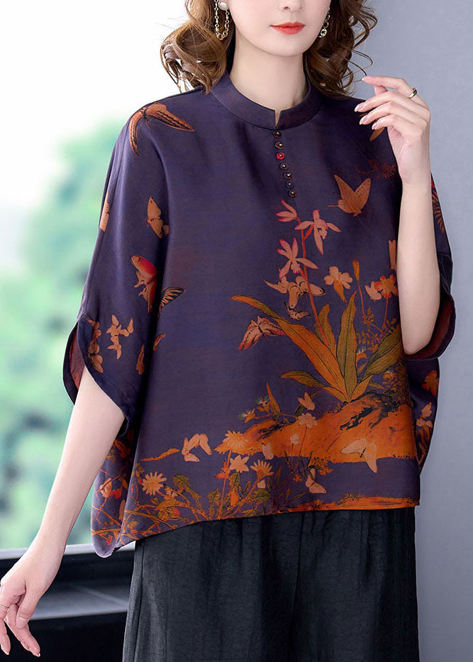 Elegant Purple Stand Collar Print Silk Shirts