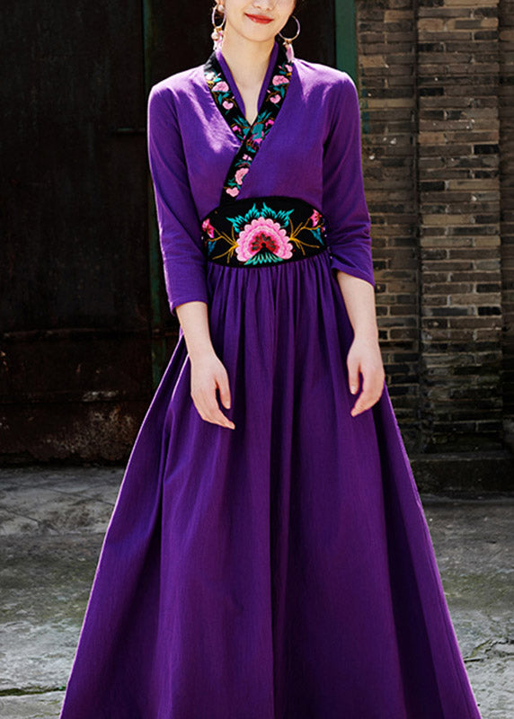 Elegant Purple V Neck Embroideried Floral Zippered Wrinkled Maxi Dresses Fall