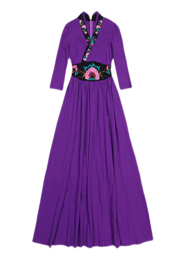 Elegant Purple V Neck Embroideried Floral Zippered Wrinkled Maxi Dresses Fall