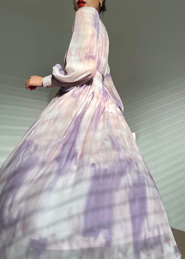 Elegant Purple V Neck Tie Dye Print Button Silk Long Dress Long sleeve