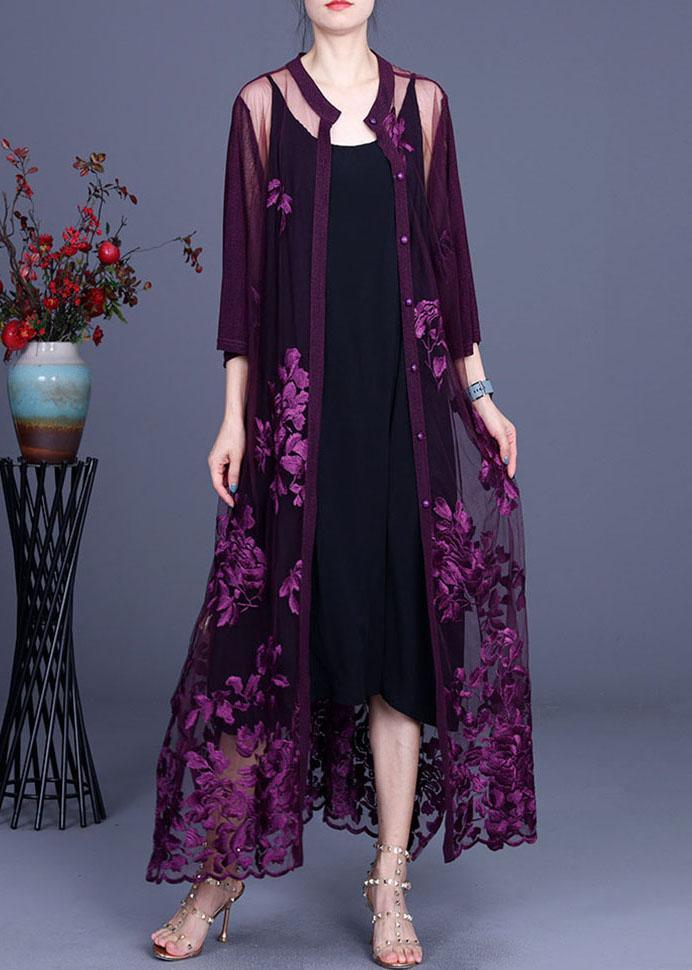 Elegant Purple tulle Embroideried Cardigans Two Piece Set Women Clothing - Omychic