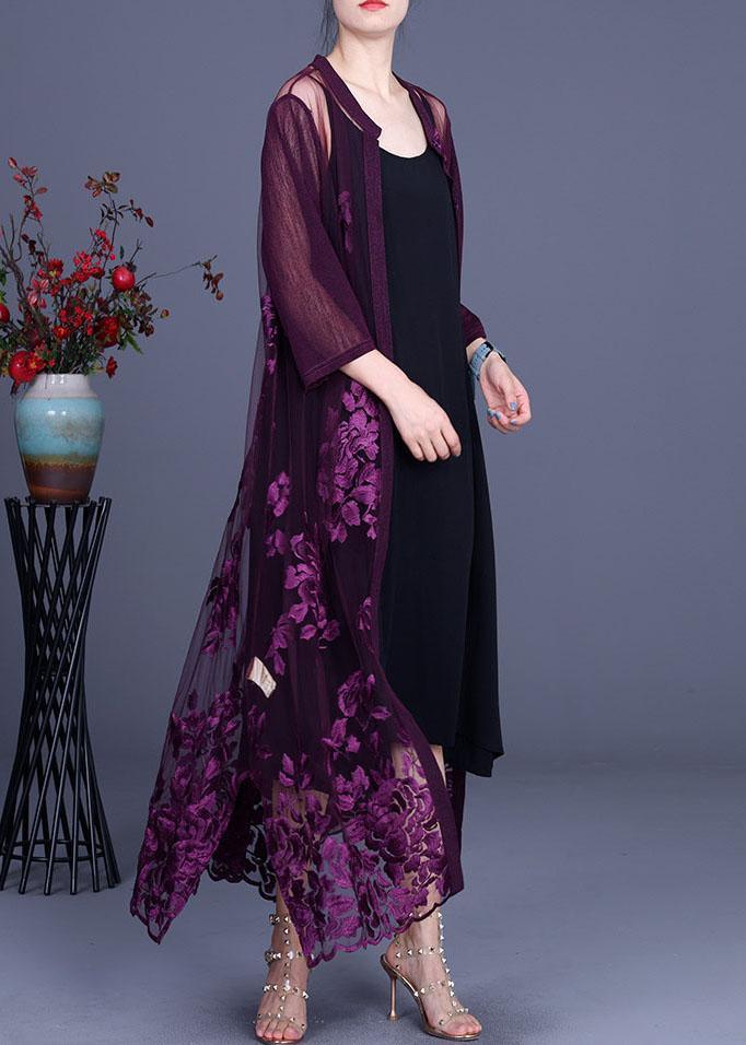 Elegant Purple tulle Embroideried Cardigans Two Piece Set Women Clothing - Omychic