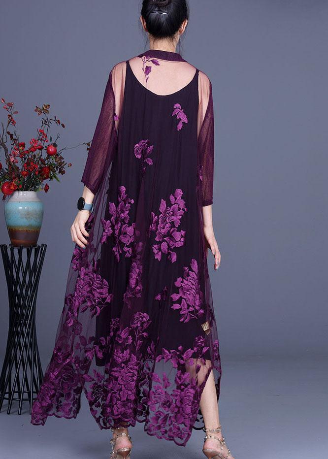 Elegant Purple tulle Embroideried Cardigans Two Piece Set Women Clothing - Omychic