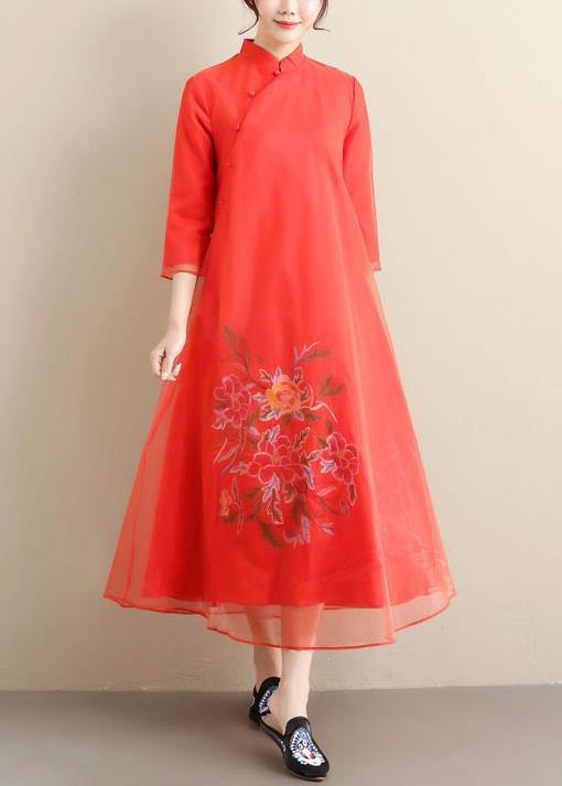 Elegant Red Embroidery Clothes Stand Collar Long Summer Dress - Omychic