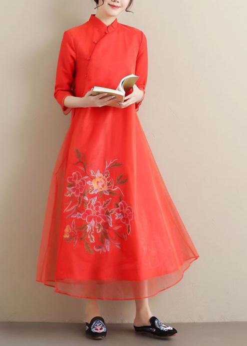 Elegant Red Embroidery Clothes Stand Collar Long Summer Dress - Omychic