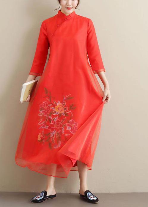 Elegant Red Embroidery Clothes Stand Collar Long Summer Dress - Omychic