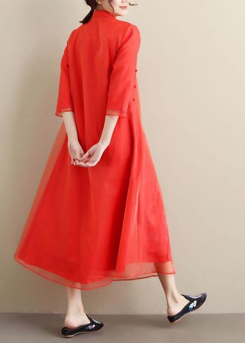 Elegant Red Embroidery Clothes Stand Collar Long Summer Dress - Omychic