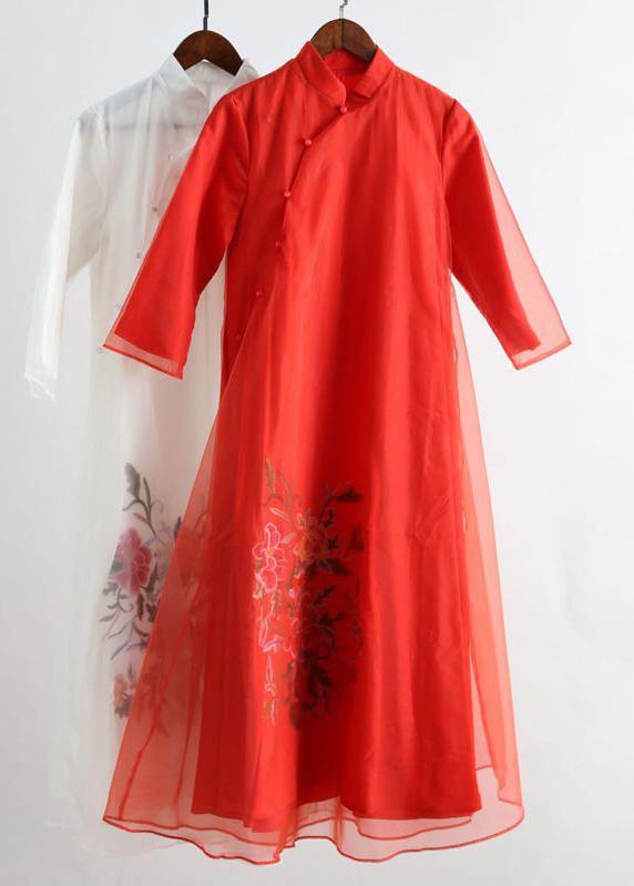 Elegant Red Embroidery Clothes Stand Collar Long Summer Dress - Omychic