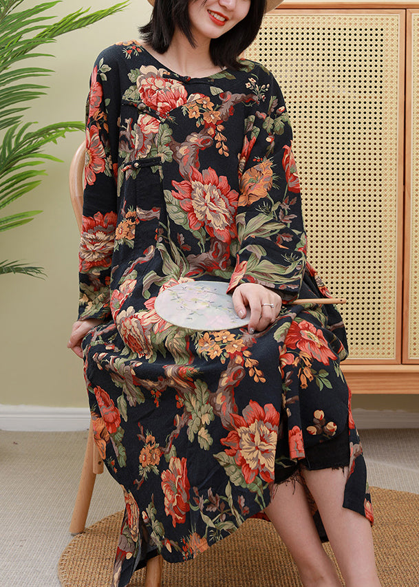 Elegant Red Floral Print O-Neck Inclined plate buckle Dress Long Sleeve