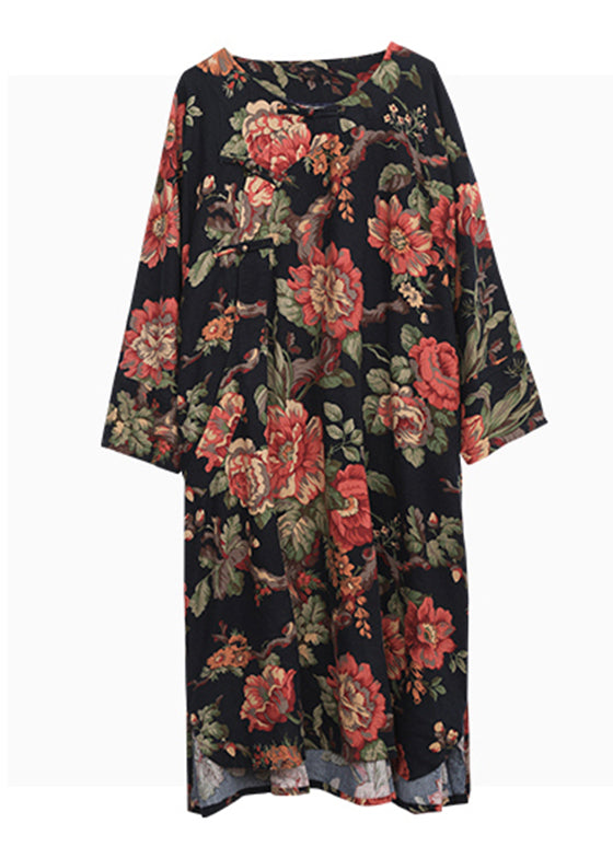 Elegant Red Floral Print O-Neck Inclined plate buckle Dress Long Sleeve