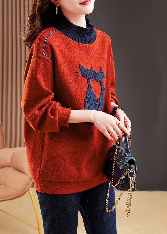 Elegant Red High Neck Patchwork Cotton Pullover Tops Winter