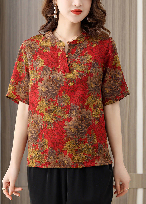 Elegant Red O-Neck Print Silk Shirts Short Sleeve