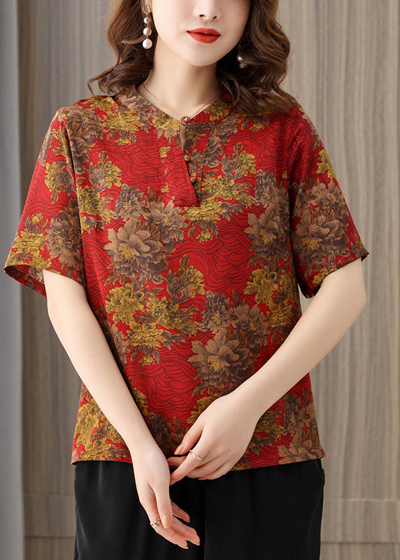 Elegant Red O-Neck Print Silk Shirts Short Sleeve