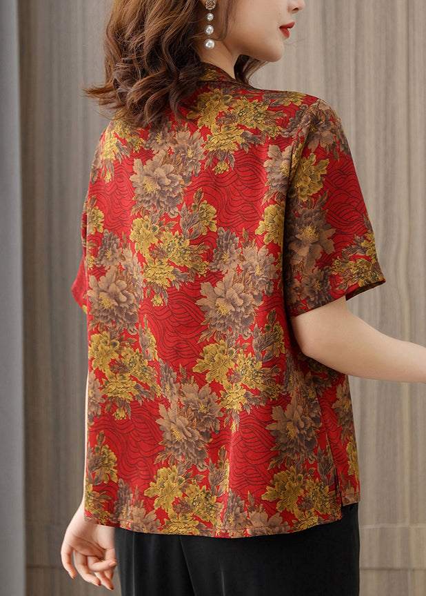 Elegant Red O-Neck Print Silk Shirts Short Sleeve