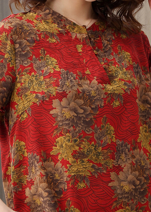 Elegant Red O-Neck Print Silk Shirts Short Sleeve