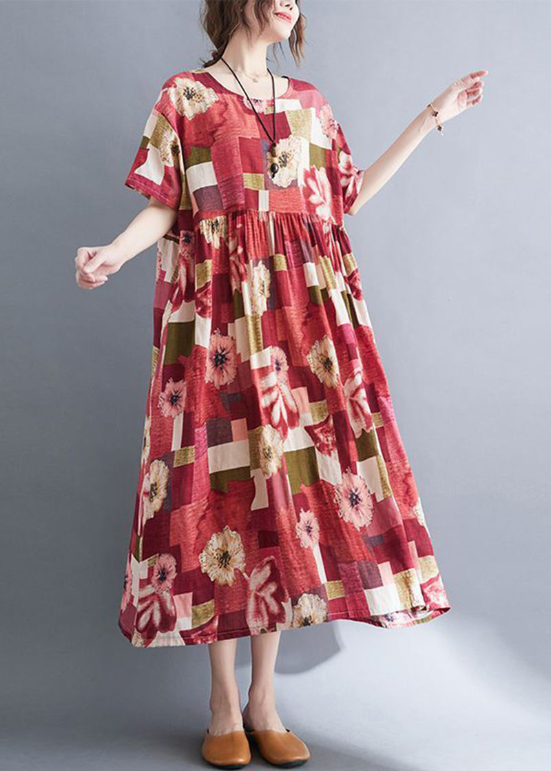 Elegant Red Oversized Print Pockets Cotton A Line Dress