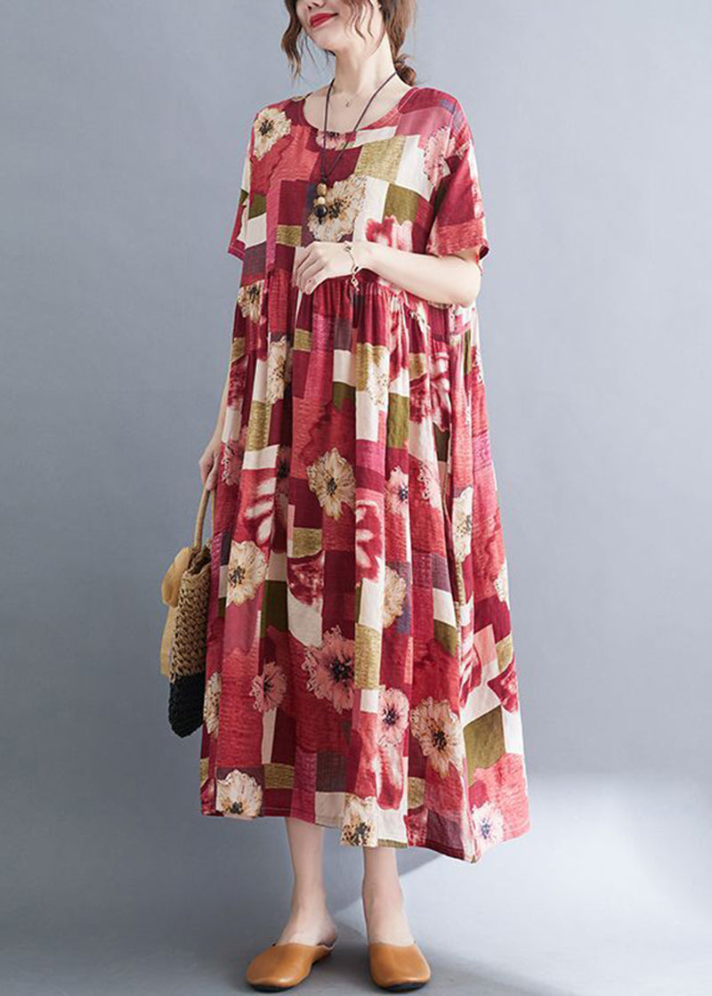 Elegant Red Oversized Print Pockets Cotton A Line Dress