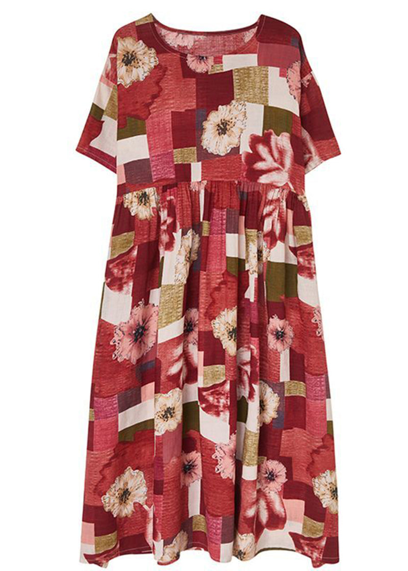 Elegant Red Oversized Print Pockets Cotton A Line Dress