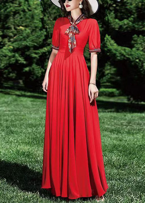 Elegant Red Patchwork Wrinkled Tunic Chiffon Long Dress Summer