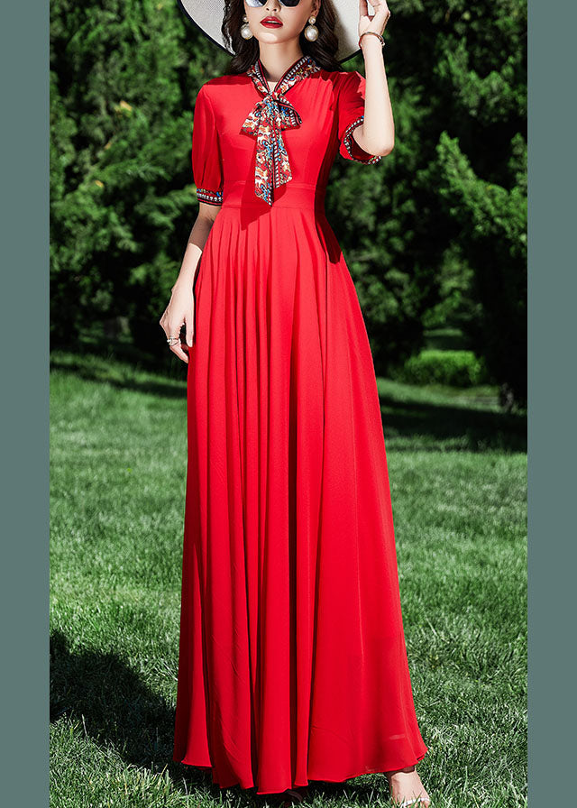 Elegant Red Patchwork Wrinkled Tunic Chiffon Long Dress Summer