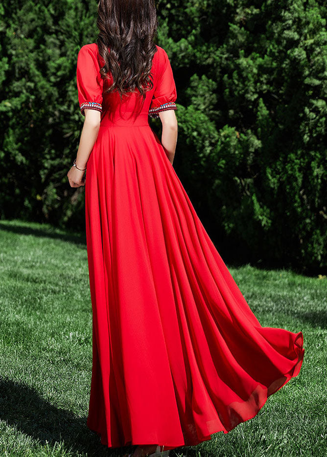 Elegant Red Patchwork Wrinkled Tunic Chiffon Long Dress Summer