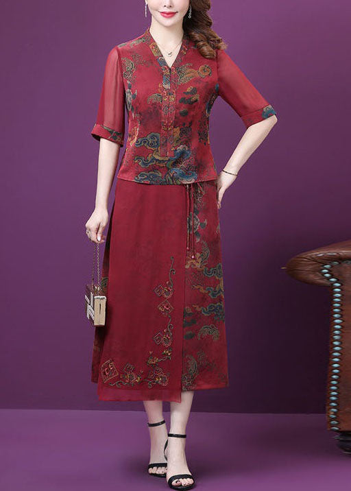 Elegant Red Print Patchwork Tops And Pants Silk Outfit Summer