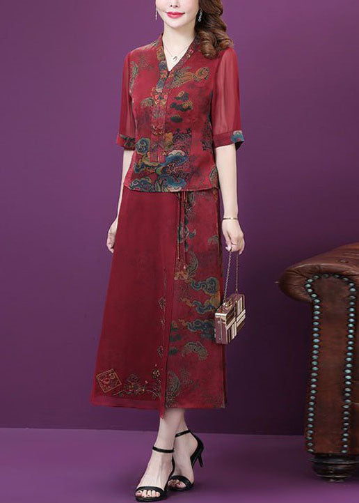 Elegant Red Print Patchwork Tops And Pants Silk Outfit Summer