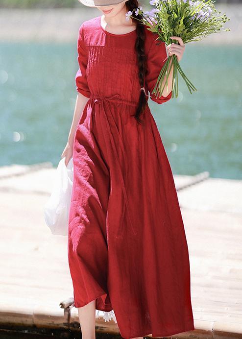 Elegant Red Quilting Clothes O Neck Drawstring Kaftan Spring Dresses - Omychic