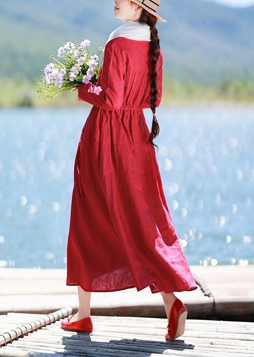 Elegant Red Quilting Clothes O Neck Drawstring Kaftan Spring Dresses - Omychic