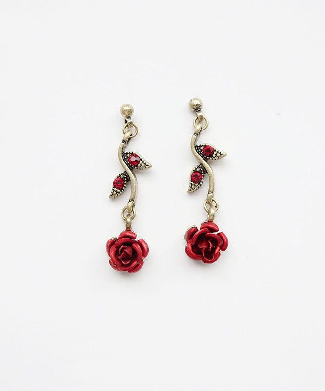 Elegant Red Rose Metal Zircon Drop Earrings