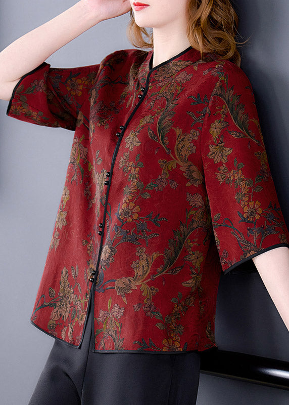 Elegant Red Stand Collar Print Silk Shirts Half Sleeve