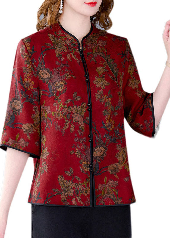 Elegant Red Stand Collar Print Silk Shirts Half Sleeve