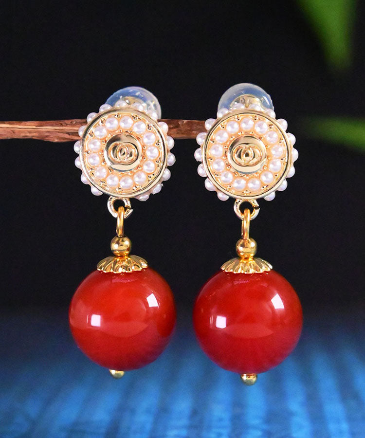 Elegant Red Sterling Silver Agate Pearl Drop Earrings